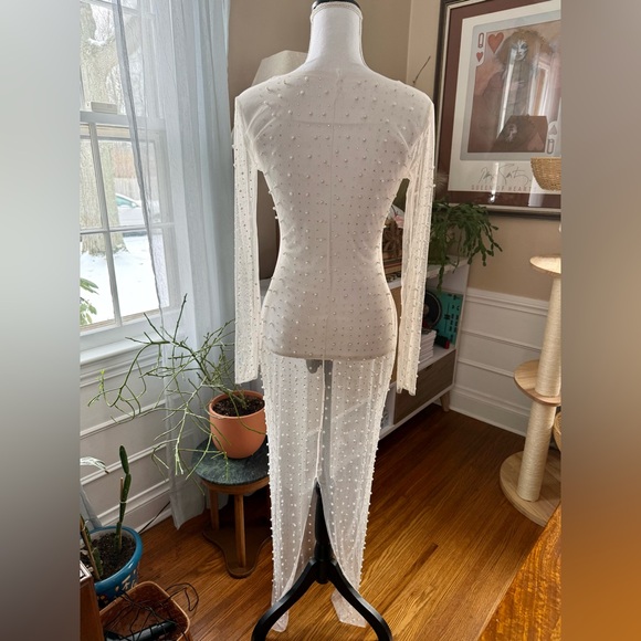 Pearl Rhinestone Embellished Sheer Mesh Maxi Dress - Picture 7 of 13